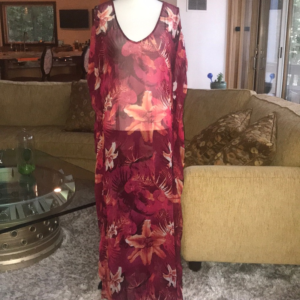 💕Lucky brand. Deep Raspberry Floral , Sheer Maxi cover-up/ long tunic ! 🌸🌷🦋 - Picture 3 of 9